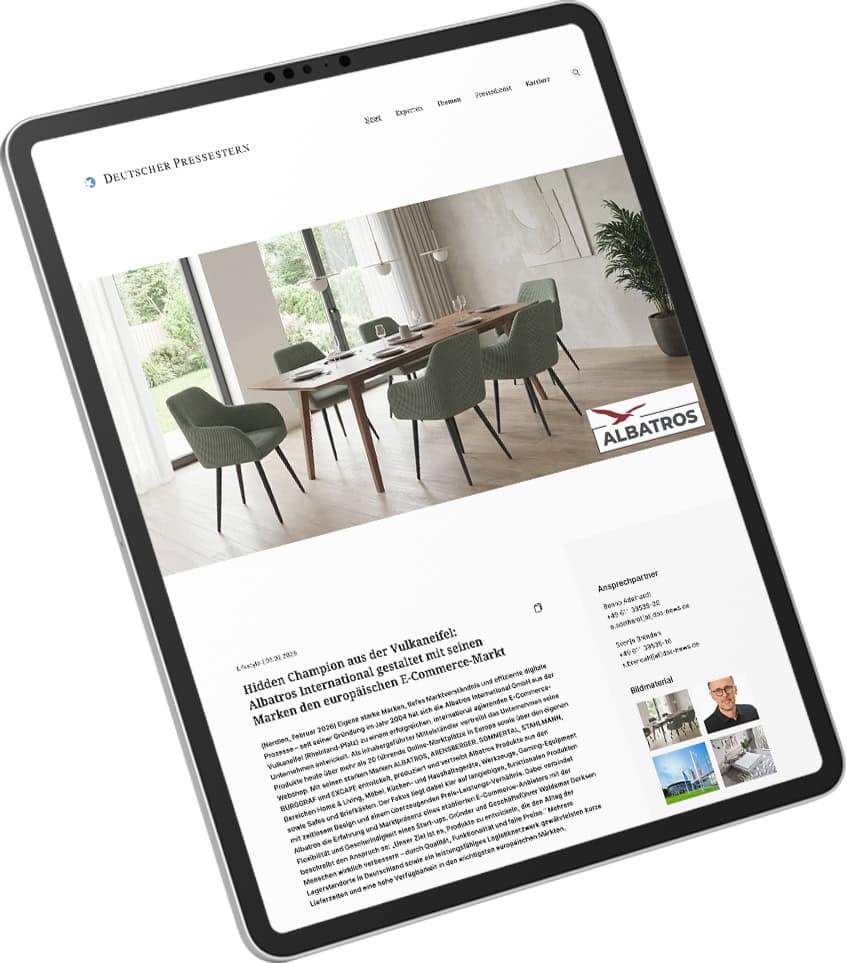 Tablet mit Presseartikel über Albatros International GmbH